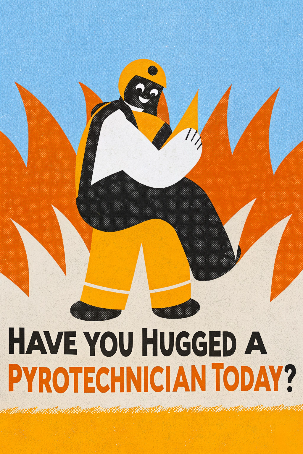 AI generated image by Red Panda AI: A humorous illustration of a firefighter hugging a man who is on fire with the text have you hugged a pyrotechnician today below the image in a bold black font