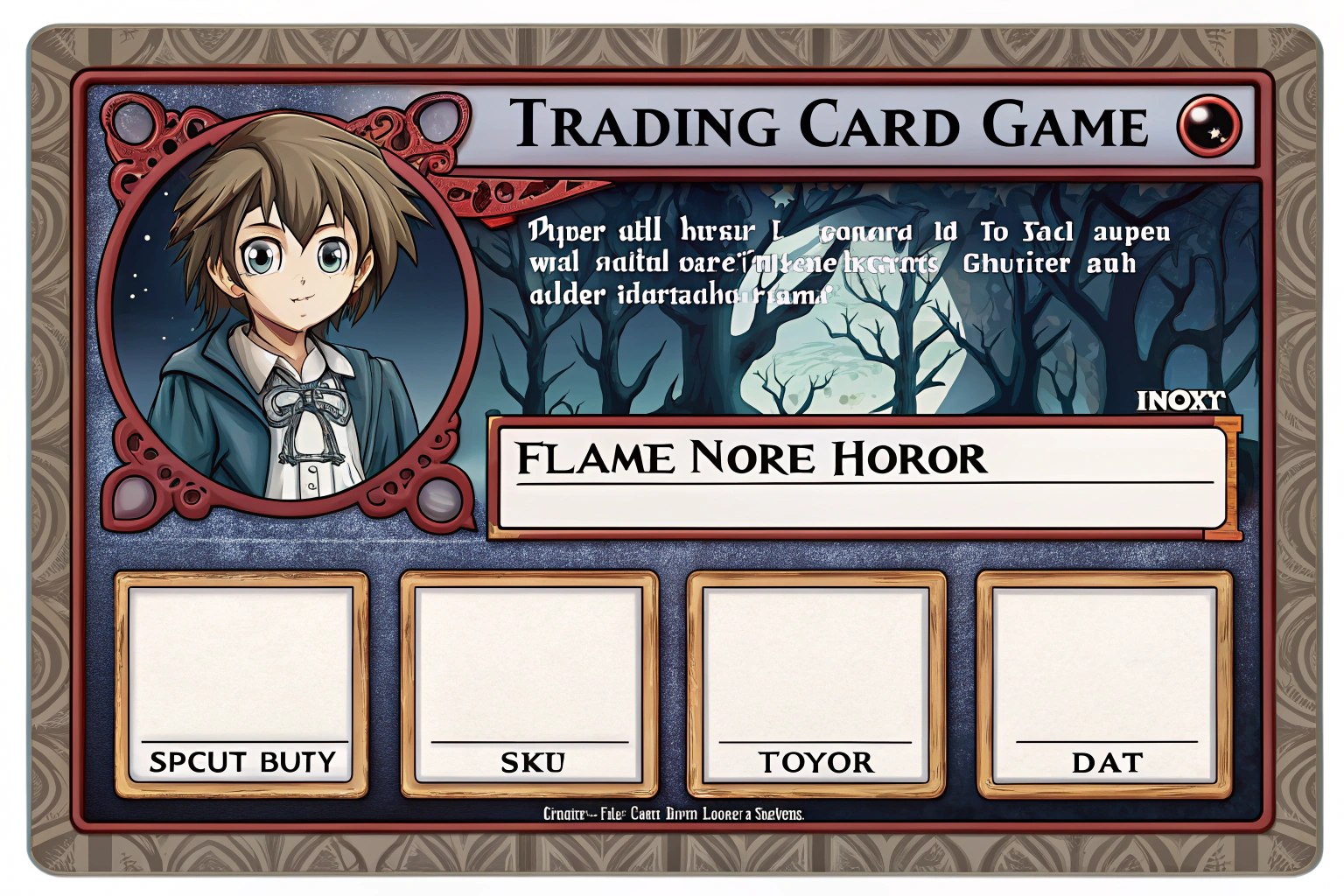 AI generated image by Red Panda AI: Crete the graphic layout design for a card in a trading card game. The card layout is composed by the following:
A rectangular shape showcasing the card in horizontal
A boarder stylized with slots for text on the middle of the top and bottom of the boarder for the card name and flavor text(do not create text, just the slot for it as this is a generic layout)
A slot for an image for the card artwork (keep it blank and white) that takes 30% of the inner space of the layout
3 slots for text boxes (do not add text just create the empty slots in the layout)

The theme and art style for the layout is stylized anime with a monster horror theme