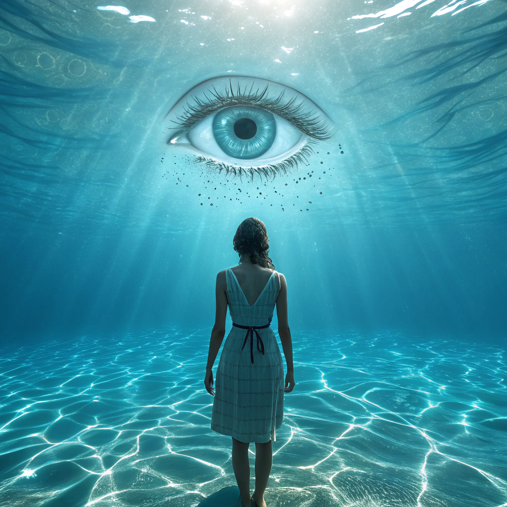 AI generated image by Red Panda AI: I want an image like this of a woman submerged in water, with her back to us, clothed, she has in front of her an open eye that shines and around it 6 eyes plus closed eyelids forming a ring around her, she is submerged in water and it is crystalline blue.