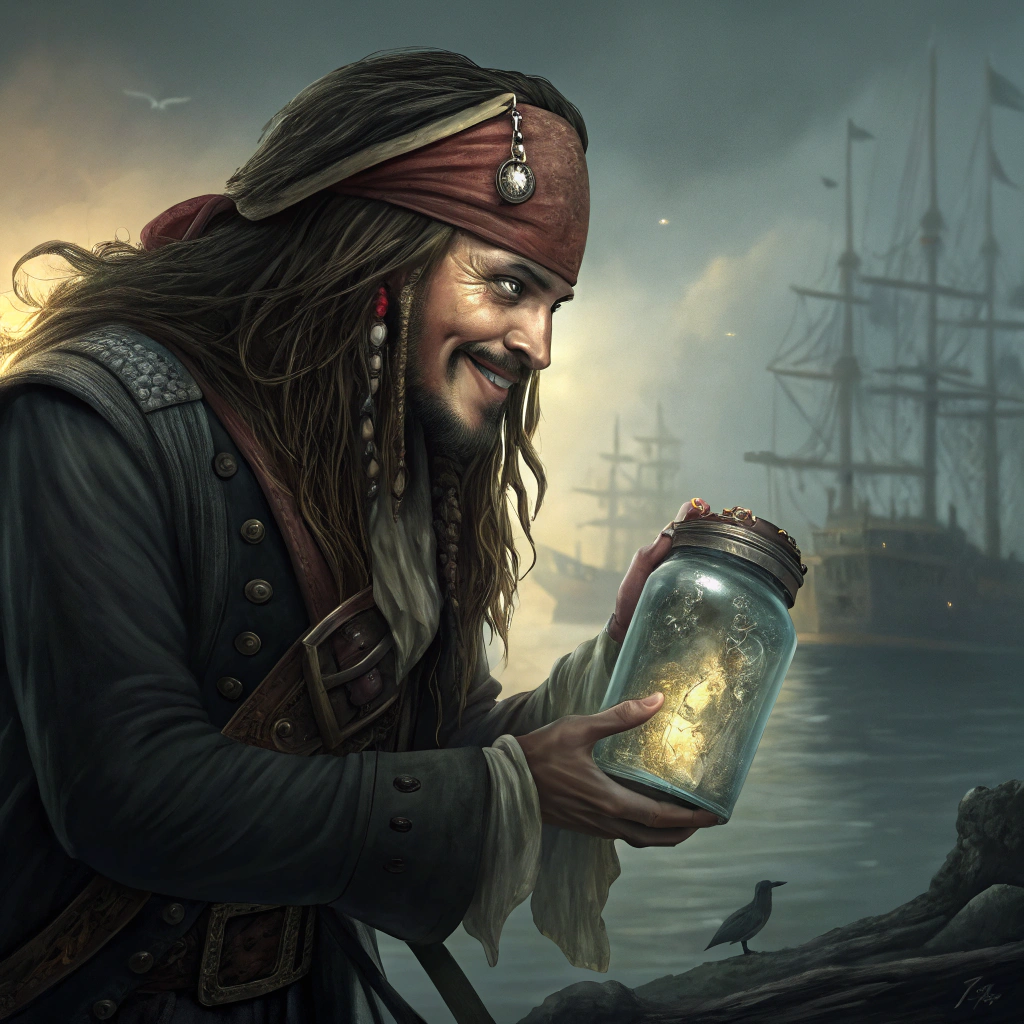 AI generated image by Red Panda AI: Jack Sparrow holding a jar with a portal gun inside