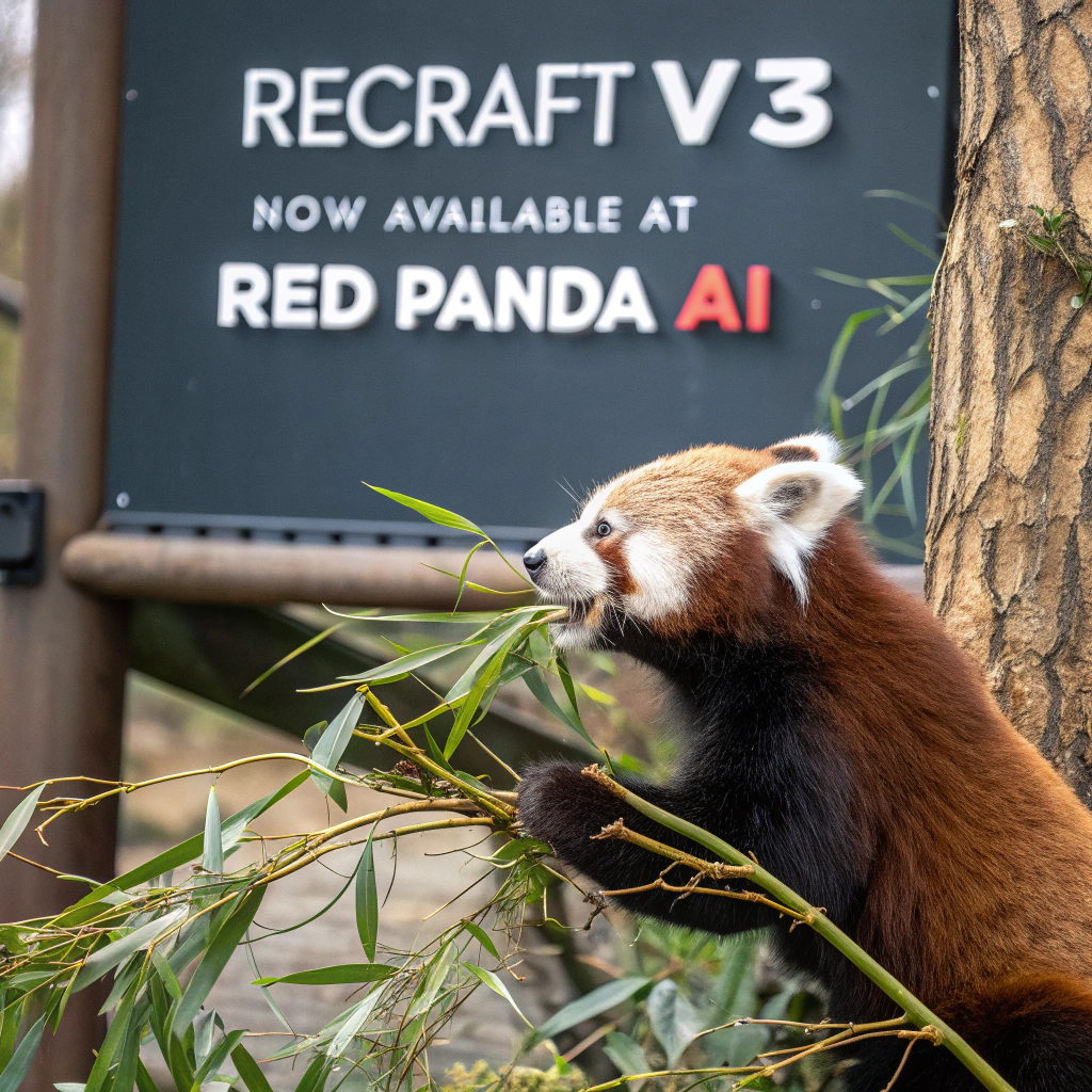 AI generated image by Red Panda AI: a red panda eating a bamboo in front of a poster that says "recraft V3 now available at red panda ai