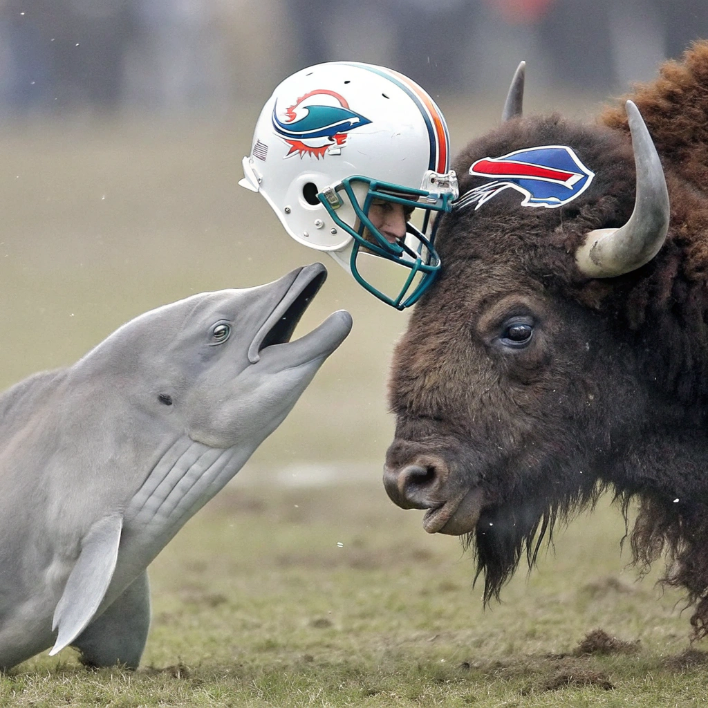 AI generated image by Red Panda AI: A North American dolphin being gored by an American buffalo. Both are wearing NFL helmets. The dolphin wearing Miami dolphin helmet and the buffalo wearing a buffalo bills helmet. 