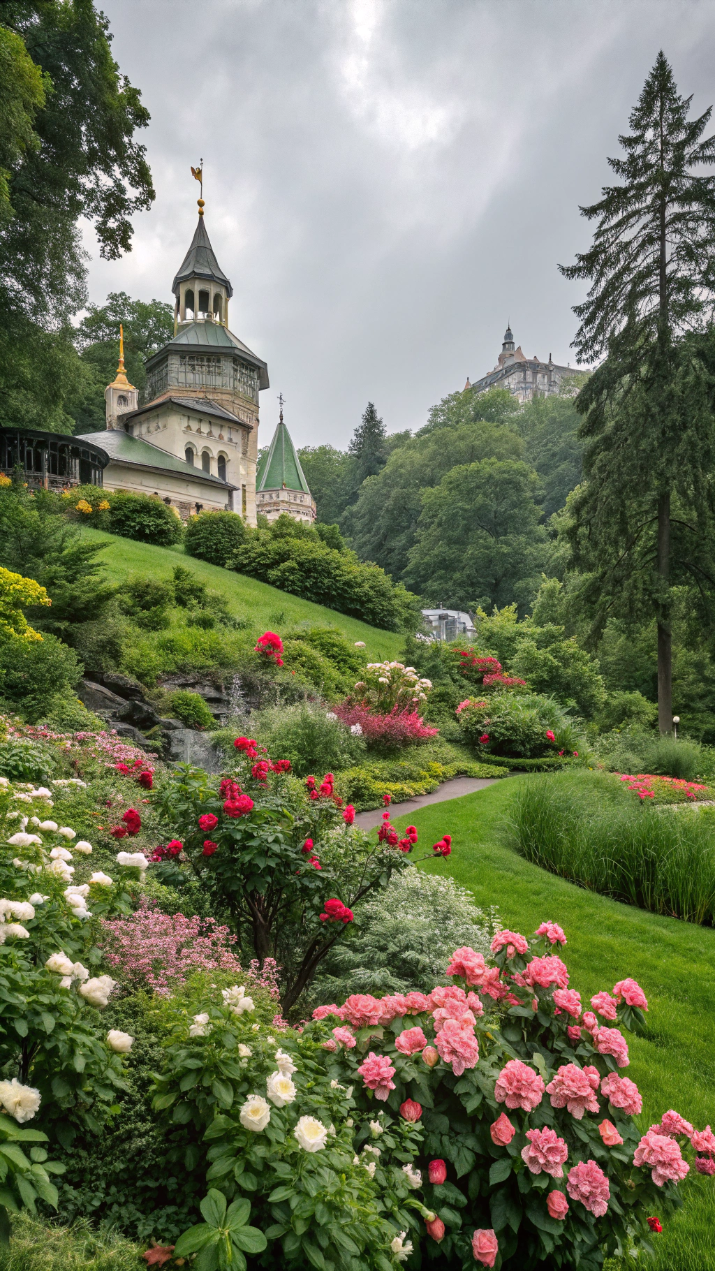 AI generated image by Red Panda AI: replaces the background of the original image with a background with green areas with beautiful flowers
