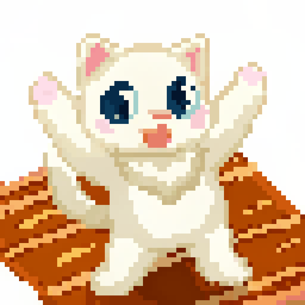 AI generated image by Red Panda AI: gatito de color blanco, de aspecto suave y esponjoso. Tiene la nariz rosa, ojos grandes de color azul claro, sonrisa simpatica. Esta de pie sobre sus dos patas traseras y baila alegremente.