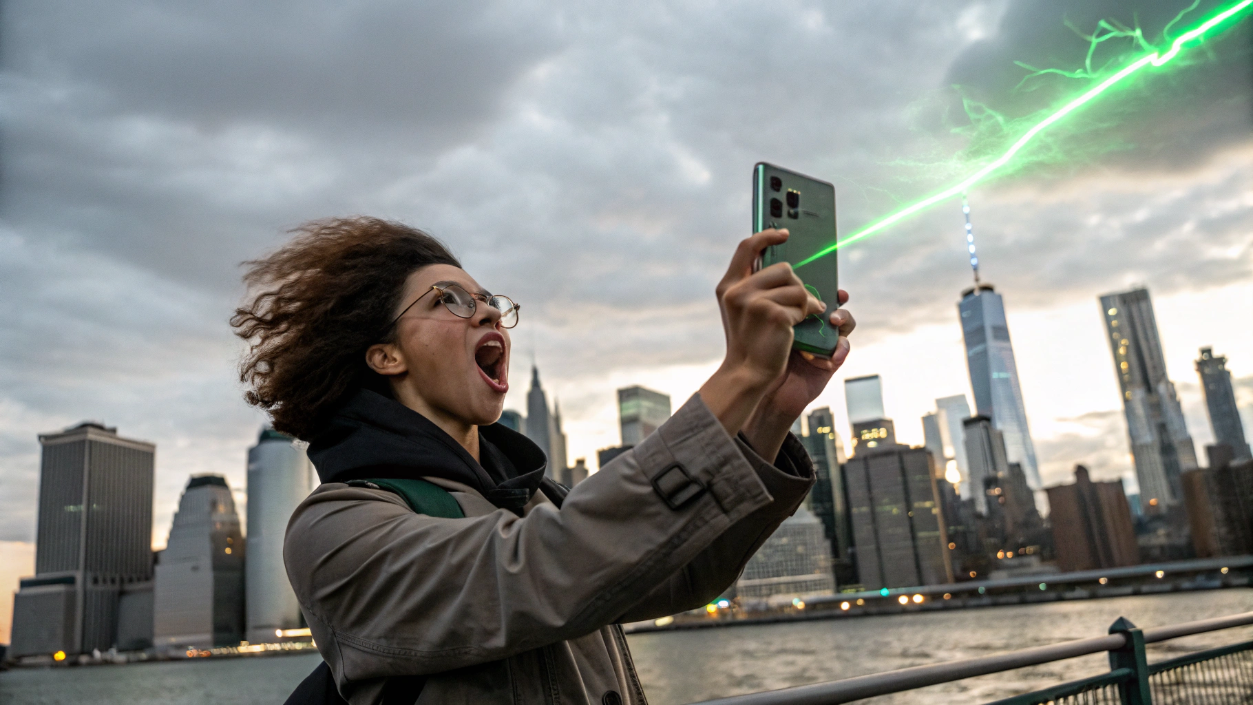 AI generated image by Red Panda AI: soy un usuario probando un celular samsung galaxy note 20 ultra sorprendido por el poder increible de esta maquina, tanto así que sale un destello del movil que me deja sorprendido, estoy en la cuidad de nueva York y detrás mio sale un destello verde.