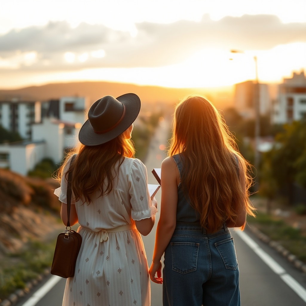 AI generated image by FLUX.1-schnell: Duas mulheres de vistido longe com um livro no braço andando ao longe em uma estrada na cidade em um por do sol. vista de tras