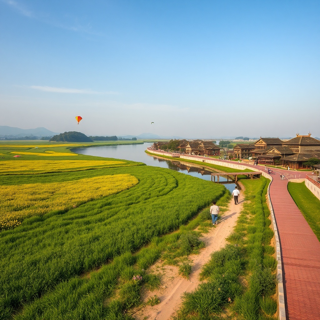 AI generated image by FLUX.1-schnell: A medium river stretches from north to south and can not see the end, there is a water and land wharf on the right side of the river, and the wharf leads to a thousand-year-old town based on the Chinese Hui style architecture on the right through a red sand paved road from low to high, with shops and houses on both sides of the road; To the left of the river is a meadow full of green grass and yellow flowers; There are several Mongolia buns on the grass, people flying kites on the grass, barbecue, real image, HD 8K