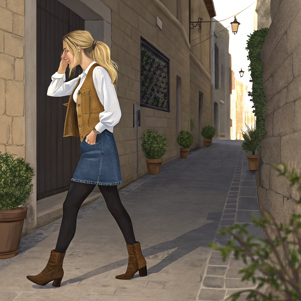 AI generated image by Red Panda AI: Créez une image d'une femme blonde, portant une jupe en jean, des bas noirs et des bottes hautes à talon de couleur marron. Elle a un chemisier blanc ajusté et une petite veste mi-saison en daim marron clair, ouverte. La femme marche nonchalamment dans une ruelle pavée étroite, bordée de murs en pierre et de quelques petites plantes en pot. L'éclairage est doux, comme une fin d'après-midi, avec des ombres longues et une ambiance chaleureuse. Elle a une allure décontractée et confiante, avec une expression détendue, reflétant un moment paisible en ville