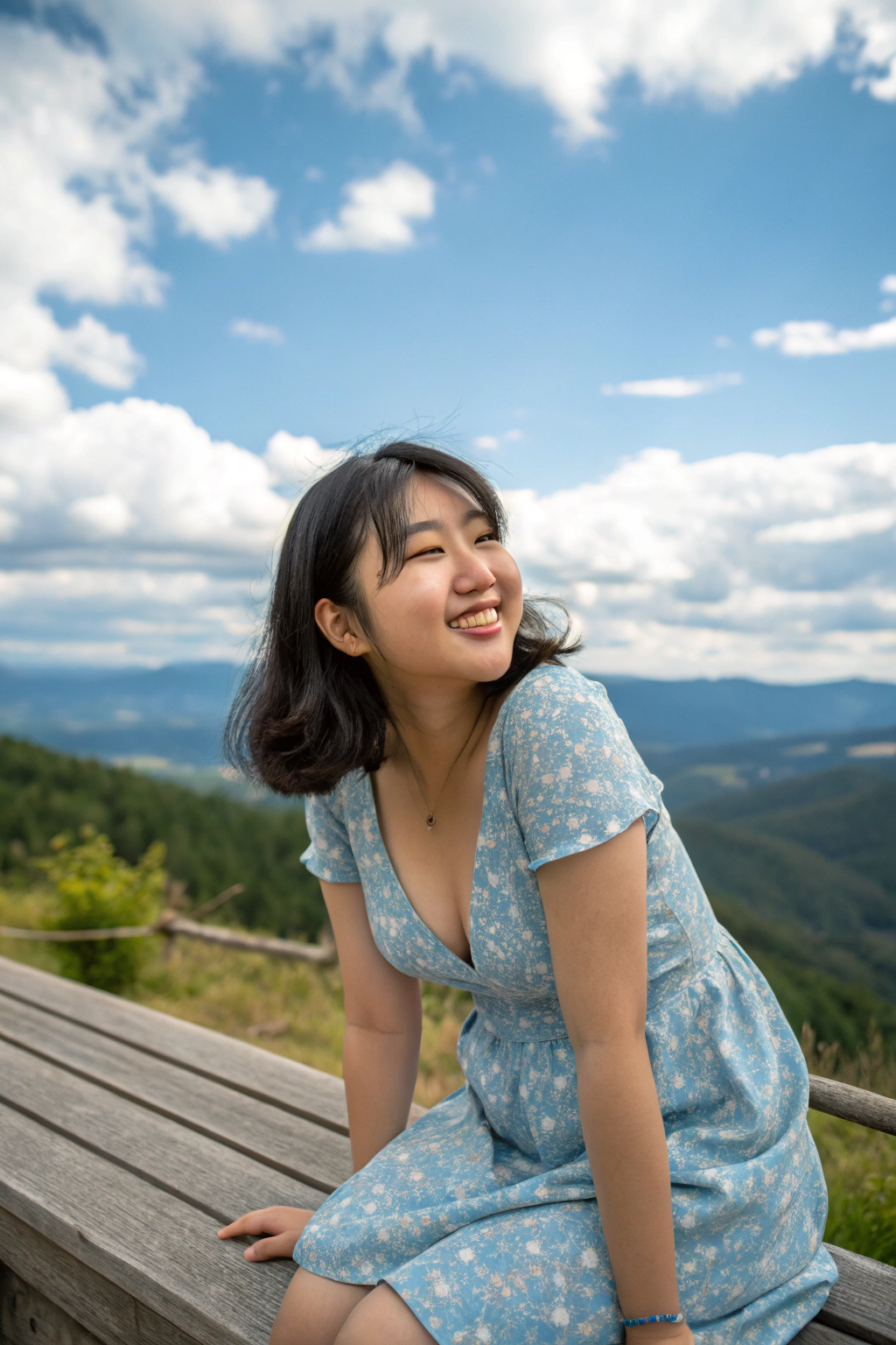 AI generated image by Red Panda AI: realistic style sexy photo, masterpiece,best quality,(closeup), 
1 cute Korean girl sitting on a wooden bench with a beautiful landscape in the background.  She is wearing a deep v, light floral blue dress and has shoulder-length dark hair styled in loose waves.she leans forwards and show big breasts, cleavage. she is smiling and looking directly at the camera. The sky is blue with white clouds and the far mountains are covered in greenery. 