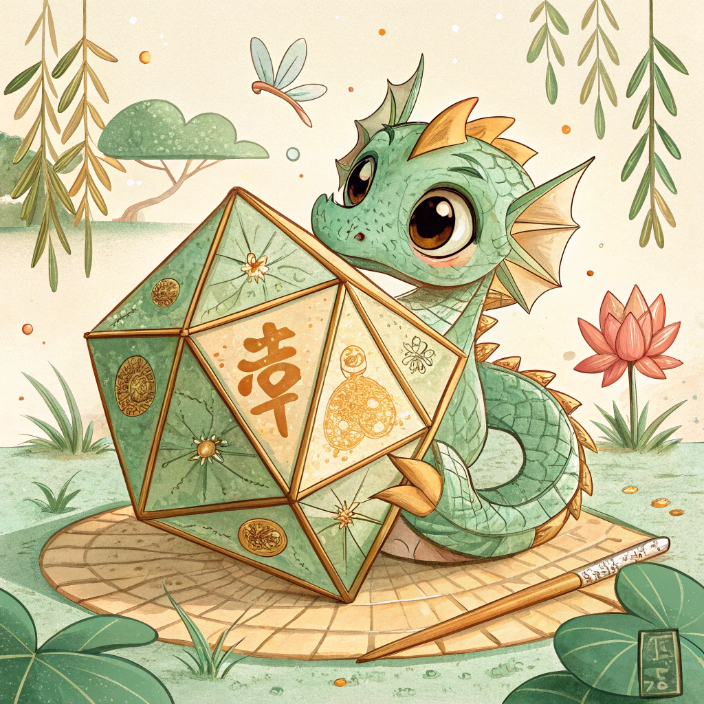 AI generated image by Red Panda AI: Cute rhombic hexecontahedron dragon in a Vietnamese style. The dragon's shape should be composed of rhombic hexecontahedra.