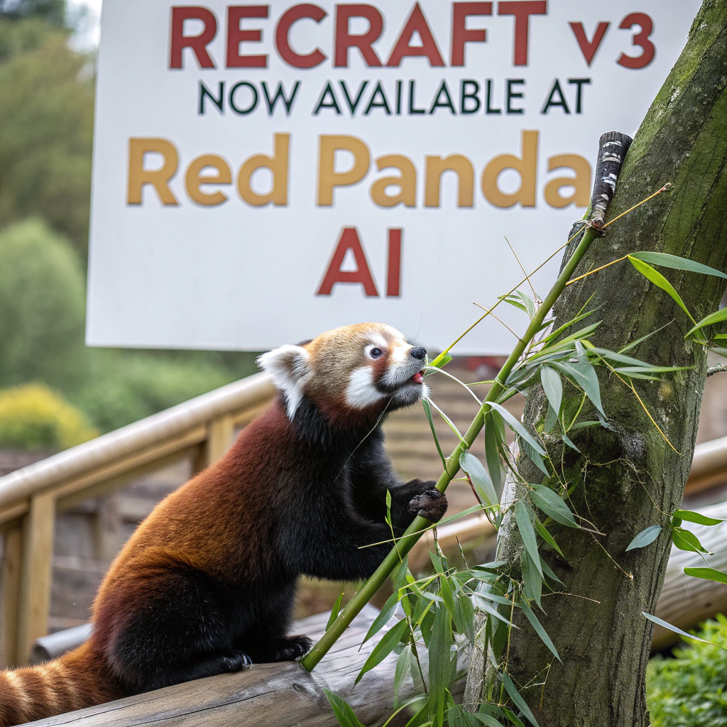 AI generated image by Red Panda AI: a red panda eating a bamboo in front of a poster that says "recraft V3 now available at red panda ai
