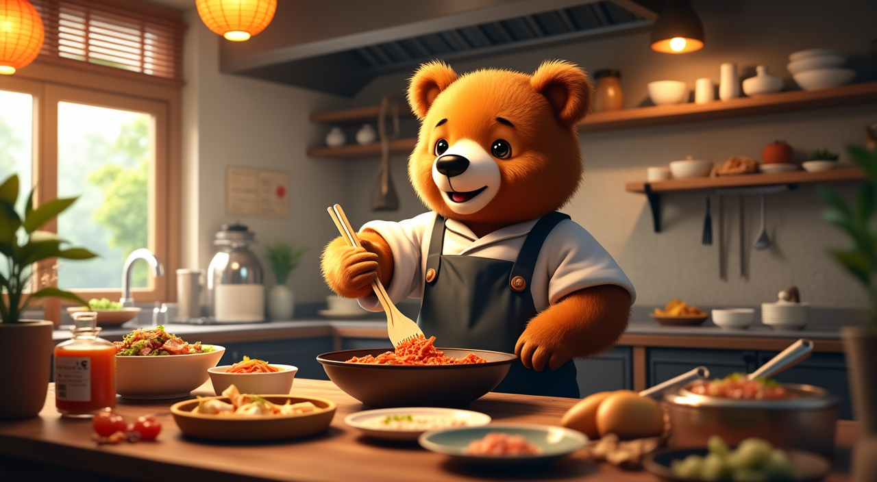 AI generated image by FLUX.1-pro: a bear cook in a japanese restaurant kitchen