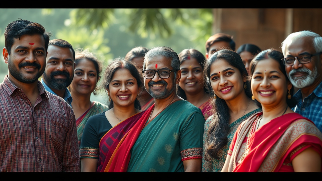 AI generated image by FLUX.1-schnell: "A diverse group of ordinary Indian people, men and women of different ages, standing together with confidence, soft smiles on their faces, eyes full of hope, sunlight falling on them symbolizing potential, cinematic wide shot, realistic photo, background slightly blurred, atmosphere of motivation and inner strength."