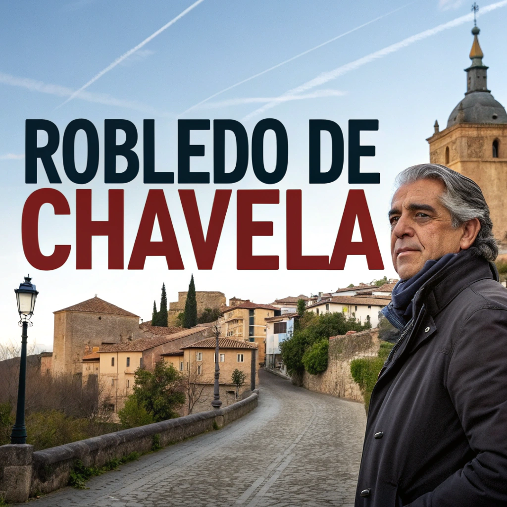 AI generated image by Red Panda AI: Anuncio de un nuevo podcast sobre Robledo de Chavela, con imagen de fondo del pueblo de Robledo de Chavela