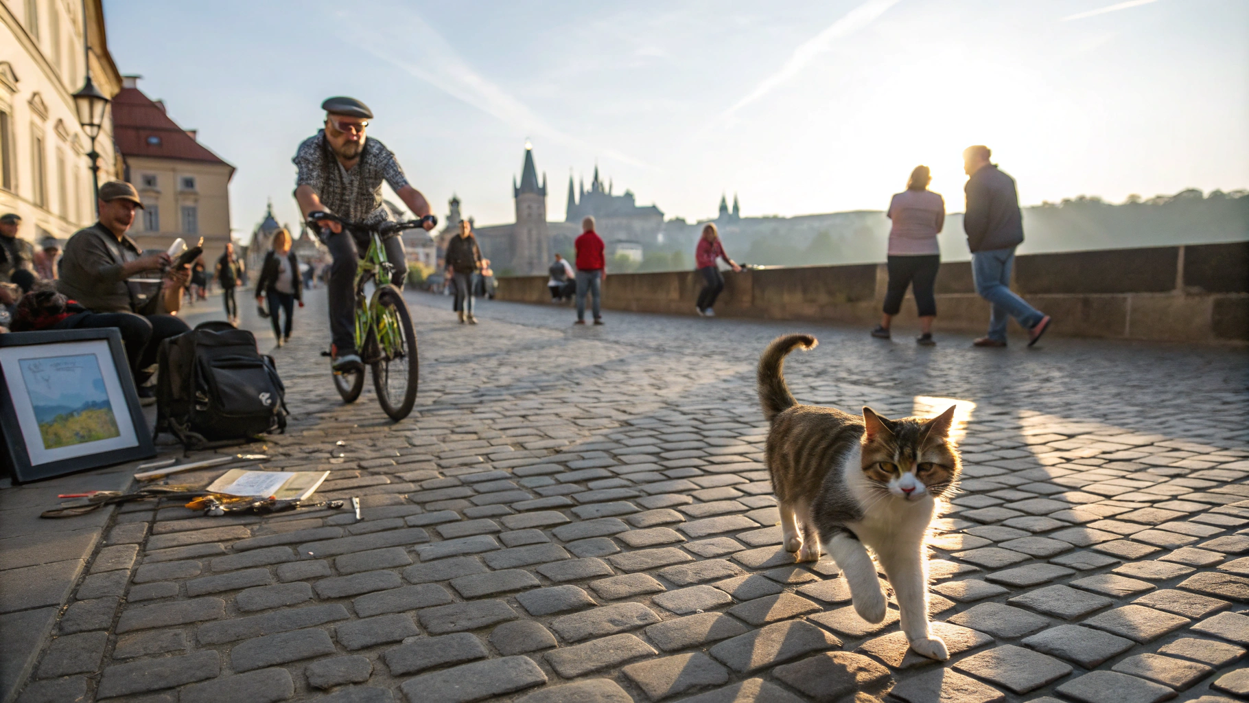 AI generated image by FLUX.1-schnell: A close-up photograph of a cat pedaling energetically on a bicycle, old town Square in Prague. Nobody sits on a camel! Tourists surrounding, some taking photos, others walking. Musicians playing on the side, a painter capturing the scene on a canvas. Morning light, soft shadows, rich textures of the cobblestones, Vltava river visible in the background, subtle lens flare. Photorealistic, Canon EOS R5, 85mm lens, f/1.4, vibrant colors, natural focus, cinematic atmosphere
