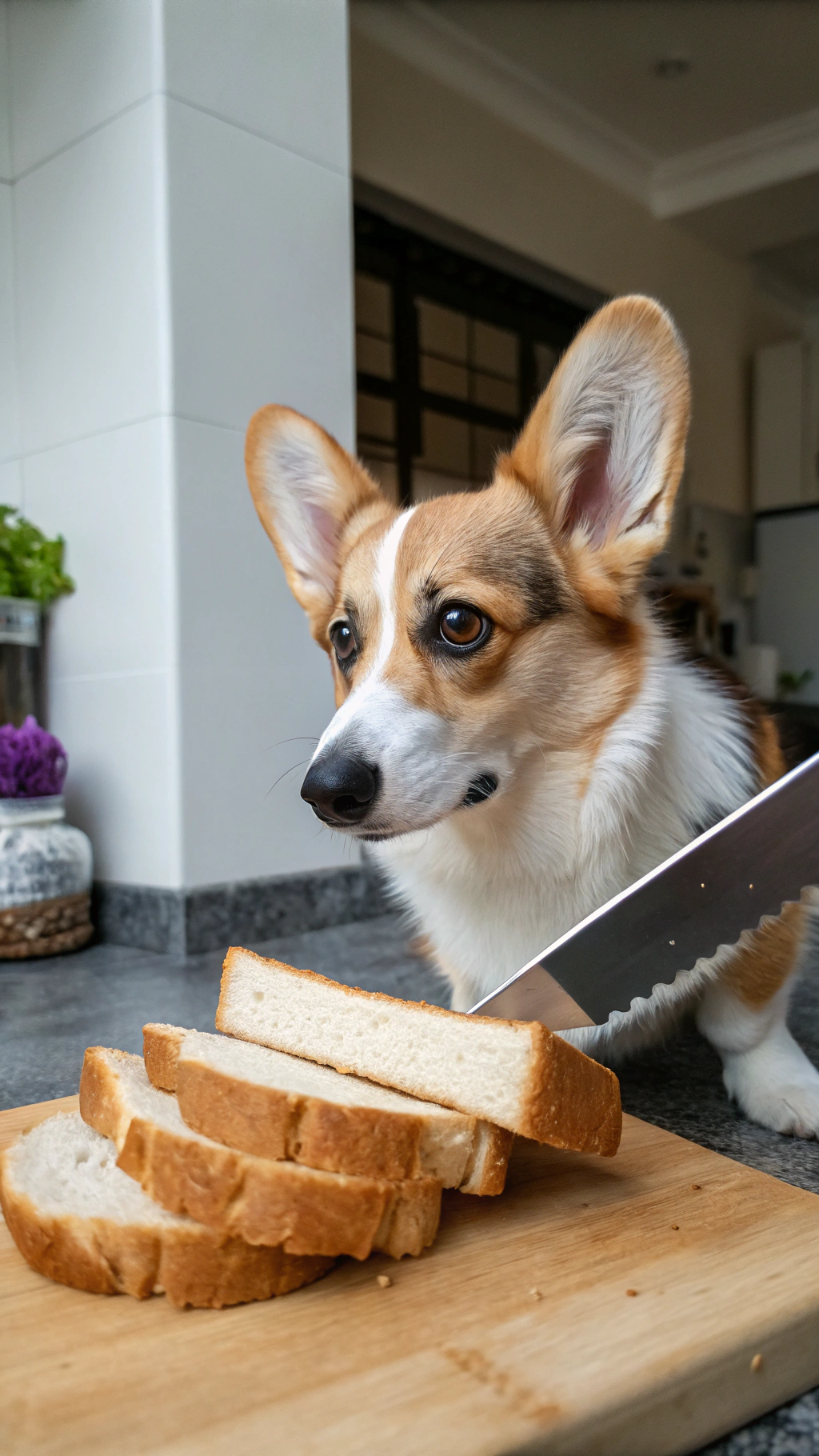 AI generated image by Red Panda AI: real life iphone photo of a corgi holding a bread knife
