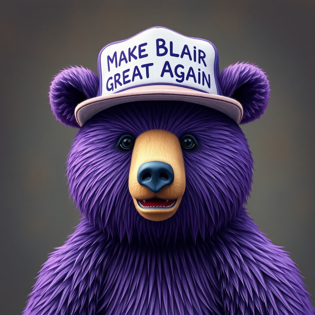 AI generated image by FLUX.1-schnell: Purple bear wears a hat that says "Make Blair Great Again"