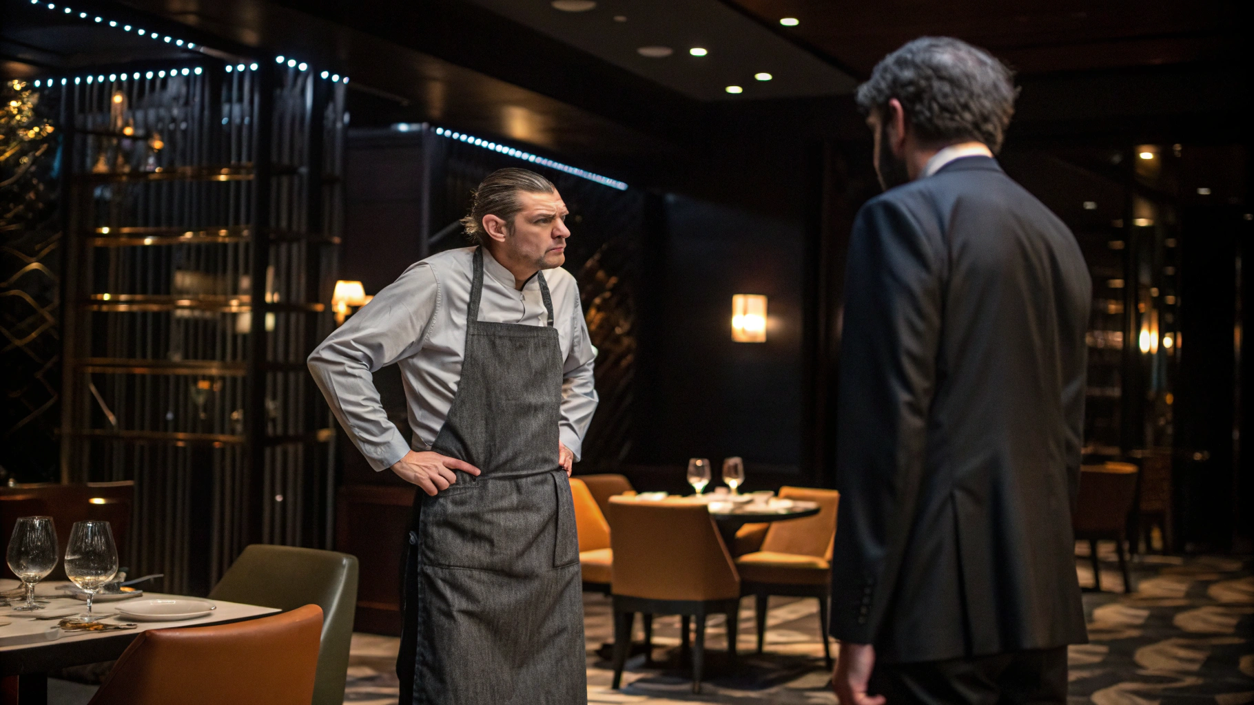 AI generated image by Red Panda AI: Un hombre demacrado y vestido con harapos de pie frente a un gerente de restaurante con traje, con una expresión de desprecio en su rostro, ambiente de restaurante lujoso, iluminación dramática, estilo fotorrealista.