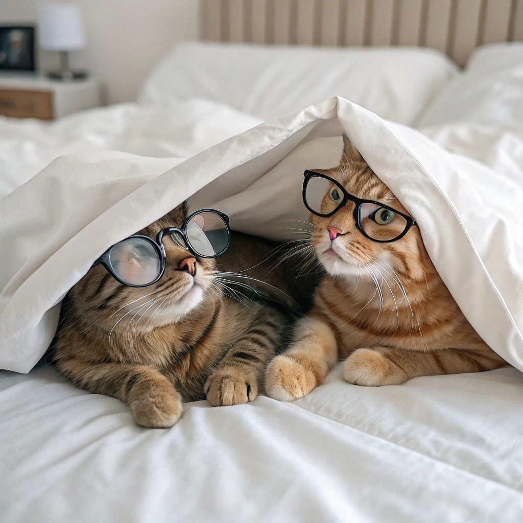 AI generated image by Red Panda AI: Crea dos gatos acostados en una cama y que con sus patitas frontales estén cubiertos por una sábana, pero que cada gatito tenga un par de lentes
