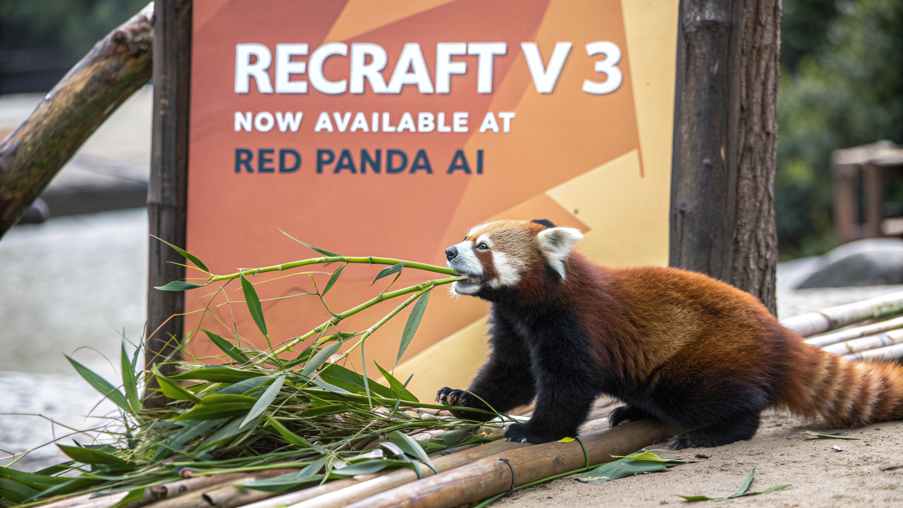 AI generated image by Red Panda AI: a red panda eating a bamboo in front of a poster that says "recraft V3 now available at red panda ai