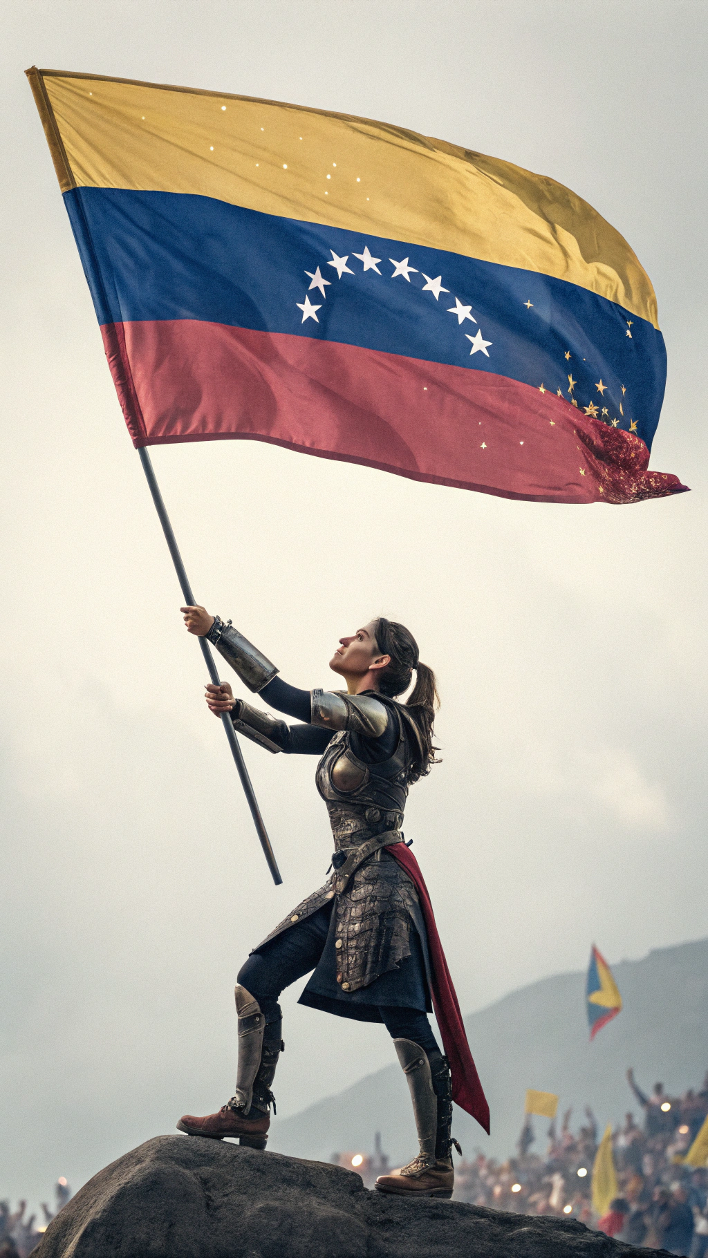 AI generated image by Red Panda AI: A warrior woman carrying the Venezuelan flag high