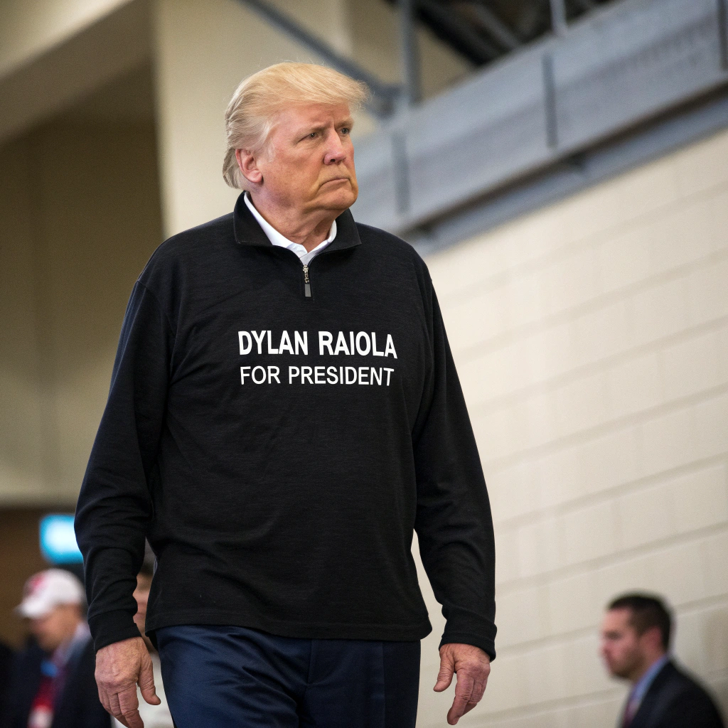 AI generated image by Red Panda AI: donald trump wearing a "Dylan Raiola for President" shirt