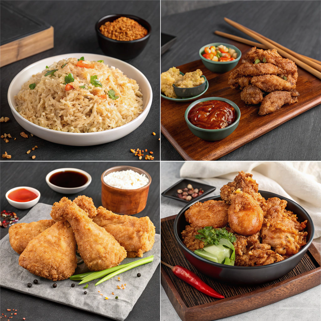 AI generated image by Red Panda AI: I need you to generate several different styles of background images for a fried chicken restaurant menu. The background images should not contain any other text. The background should be either dark or light. The restaurant's name is Wing101, and the background images can include photos of fried chicken, fried rice, or other dishes as embedded elements. Finally, I hope the backgrounds are unique and impressive.