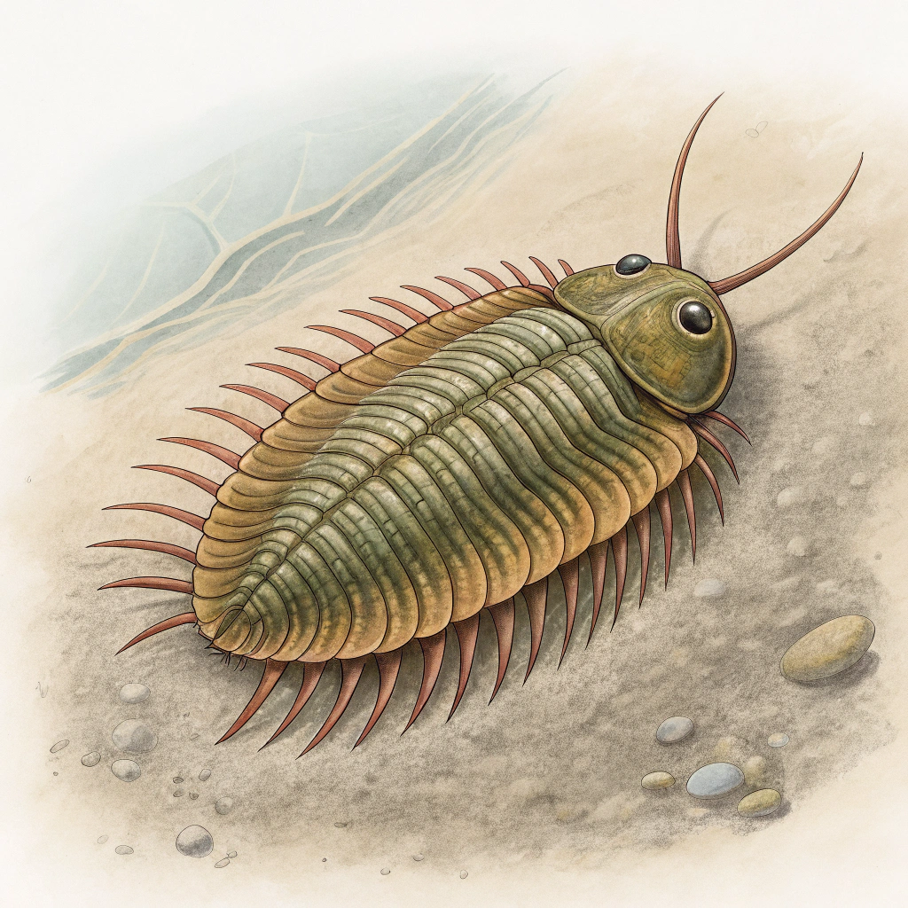 AI generated image by Red Panda AI: "A realistic illustration of the trilobite Cheirurus, highlighting its segmented body, distinct spines, and bulbous glabela. The trilobite is shown in a neutral underwater setting, focusing on its detailed exoskeleton and characteristic morphology. The coloration is natural and earthy, emphasizing its adaptive features."

