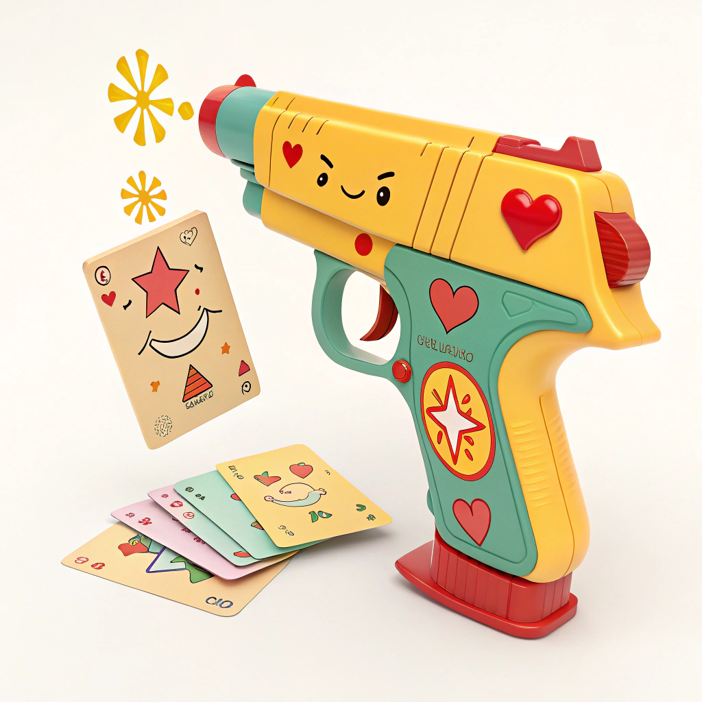 AI generated image by Red Panda AI: Generame una pistola que dispare cartas, estilo animación 3D, infantil cartas de mensages

