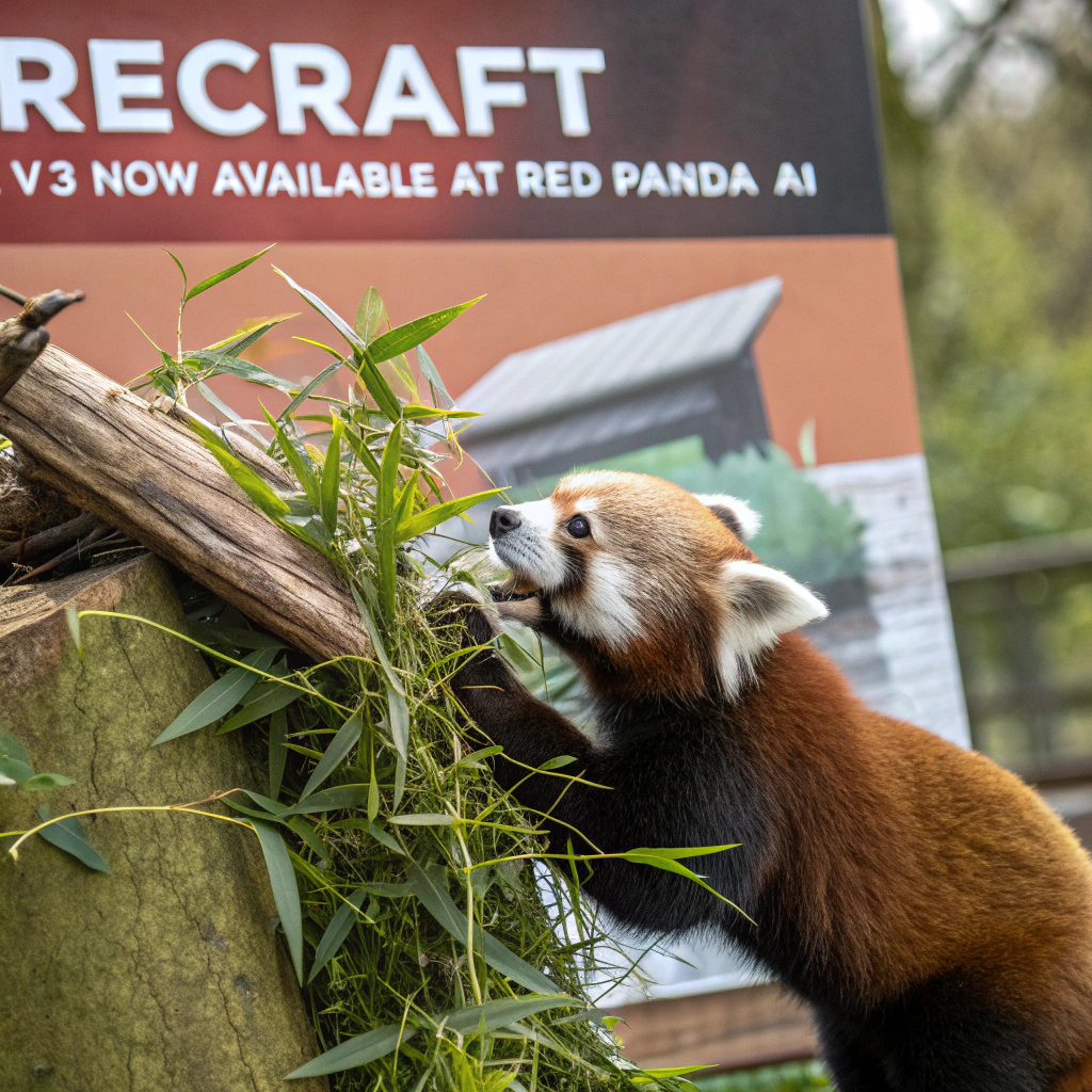 AI generated image by Red Panda AI: a red panda eating a bamboo in front of a poster that says "recraft V3 now available at red panda ai