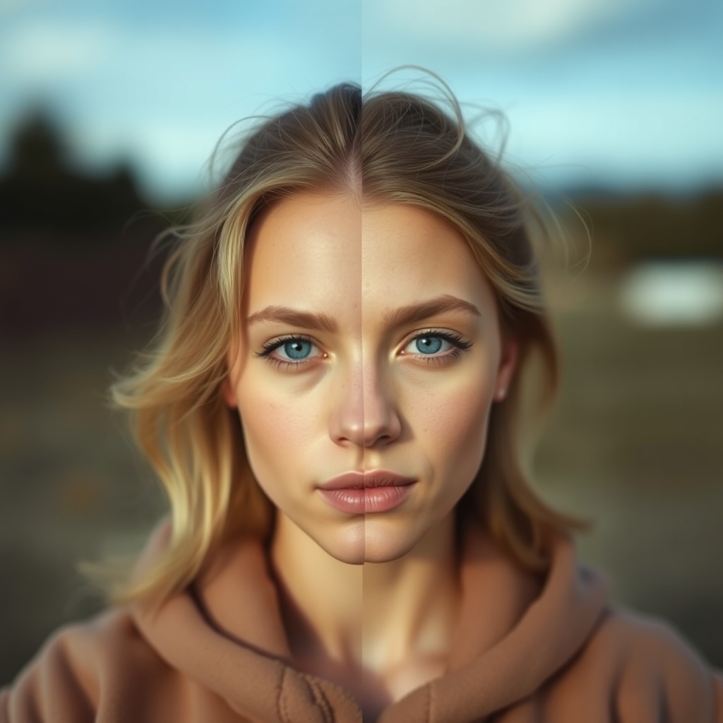 AI generated image by FLUX.1-schnell: A face that is half male, half female, split down the middle