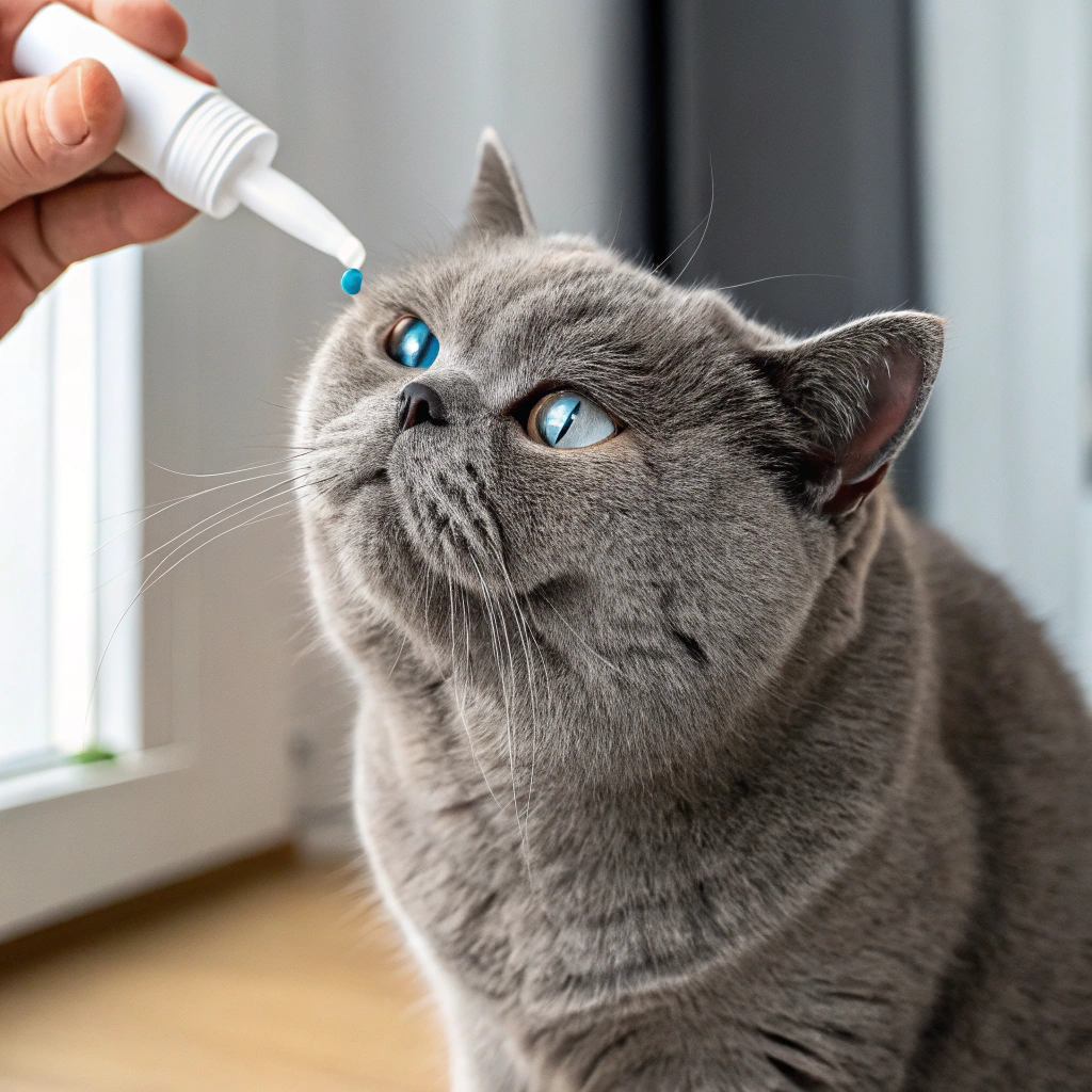 AI generated image by Red Panda AI: British short hair cat making eye drop