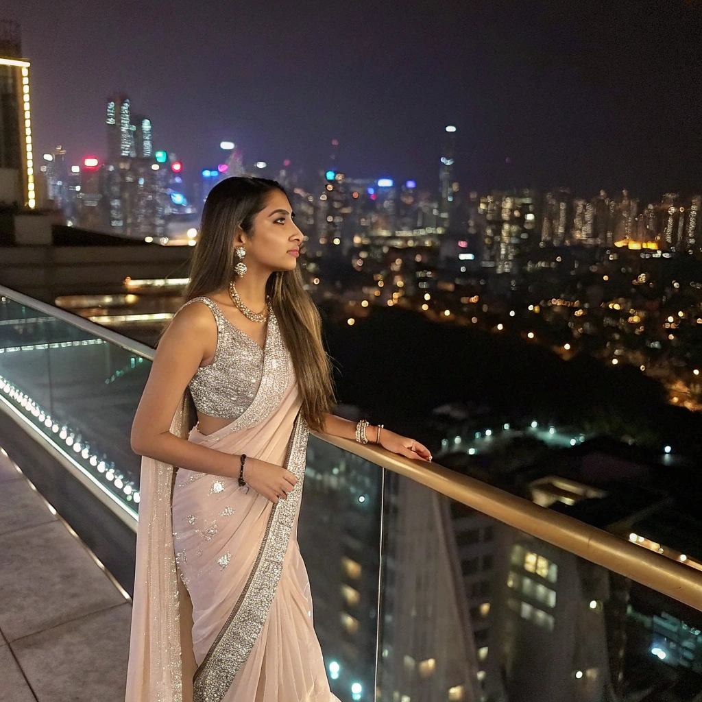 AI generated image by Red Panda AI: A 27-year-old Indian girl with long straight hair, dressed in a designer saree, attending a glamorous rooftop party in Mumbai, city lights twinkling in the background, highly detailed, ultra-realistic