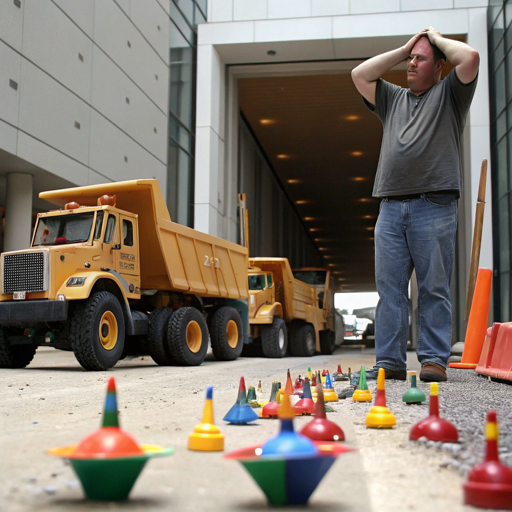 AI generated image by Red Panda AI: Une file d'attente de camion de chantier mélangeant des toupies et des camions bennes devant l'entrée d'un chantier avec un homme trafic complètement désabusé qui se tient la tête face à tous ces camions