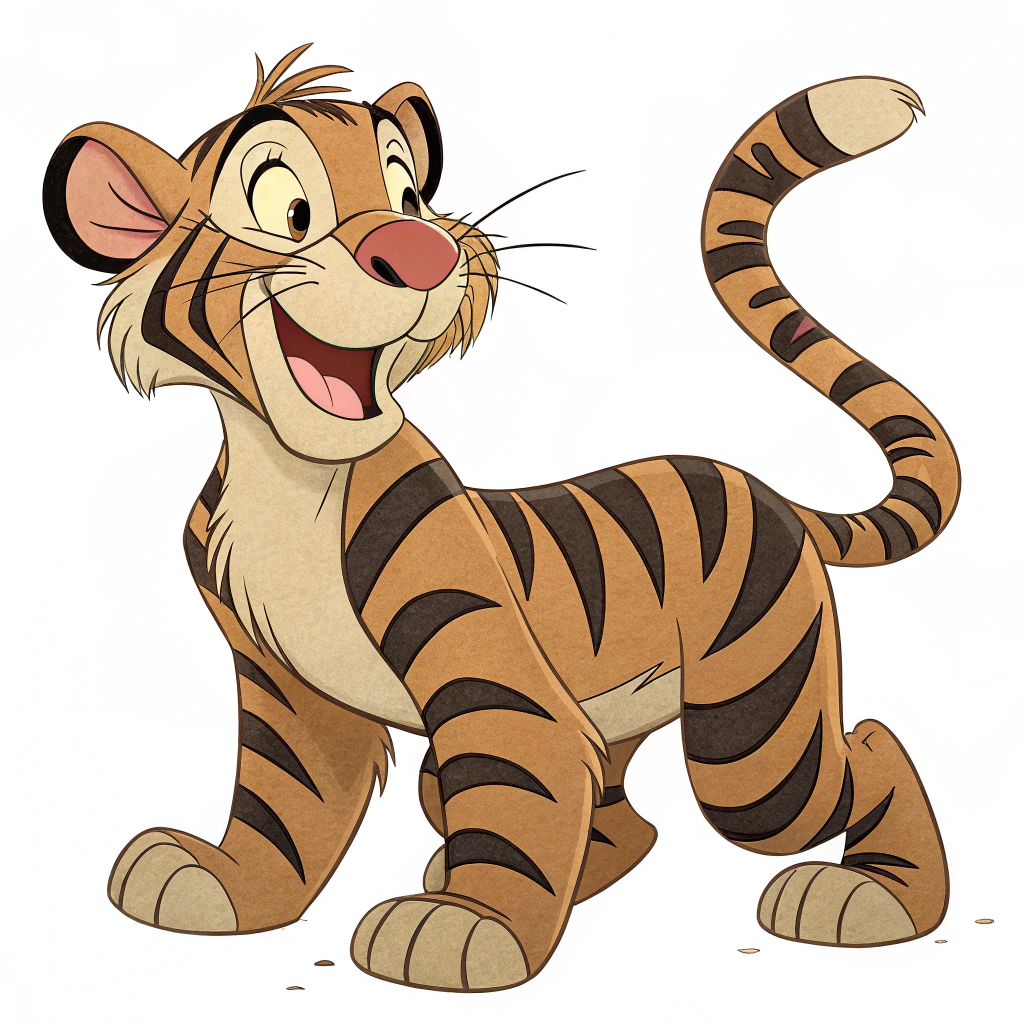 AI generated image by Red Panda AI: image of a cartoon tiger like "Tigger" from whinnie the pooh, but the stripes are brown and darker brown and black, but nothing light colored or beige  