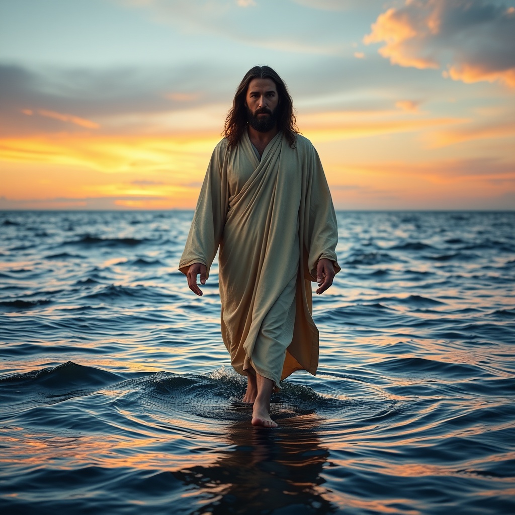 AI generated image by FLUX.1-schnell: Dynamic Description: In the expansive twilight of the open ocean, Jesus stands front and center, facing the viewer as he walks gracefully on the water's surface. The horizon stretches infinitely, framed by deep, dark-blue waves gently rolling, each crest reflecting the golden-pink hues of the setting sun. Jesus, with long, flowing dark brown hair and a well-groomed beard, radiates serenity and divine authority. He is dressed in a flowing beige robe, catching the soft sea breeze, its fabric illuminated by the golden glow of the twilight. His bare feet rest impossibly on the water, creating faint, circular ripples that emphasize the miraculous moment. Around him, the vast ocean shimmers with shades of amber, pink, and lavender as the sun dips low, with streaks of glowing clouds adding a dramatic backdrop.

Camera Directions: The scene is captured from a front-facing perspective, beginning with a wide-angle shot that centers Jesus as he approaches the camera, his figure gently backlit by the setting sun. The camera tracks backward in a smooth, steady motion, maintaining a central focus on Jesus while capturing the endless expanse of the ocean behind him. In the distance, the weathered fishing boat can be seen floating, slightly off-center but in clear focus, with the 12 disciples watching Jesus intently, their expressions vivid in the soft twilight. The shot ends with a slow zoom, tightening slightly on Jesus’s serene face while keeping the boat visible in the backdrop.

Atmosphere and Lighting: The lighting is warm and softly diffused, typical of the twilight hour. The low sun casts long, golden reflections across the waves, enhancing the depth and texture of the scene. Jesus' figure is softly haloed by a natural glow, the billowing robe catching the delicate interplay of light and shadow. The disciples on the distant boat are touched by the same warm light, their faces partially lit, reflecting astonishment and reverence. The gentle motion of the waves is captured in ultra-realistic detail, their soft undulations adding a tranquil yet intense atmosphere to the miraculous scene.
