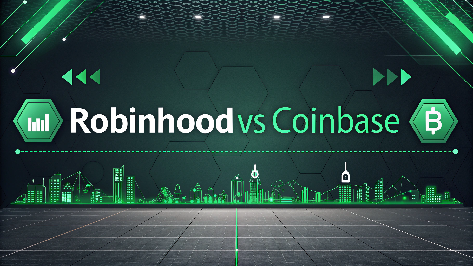AI generated image by Red Panda AI: Futuristic banner for a blogpost, with de-fi green and black background and scale colors and background of exchange, trading, investment, ETFinvestment, in a tech article style. Big title "Robinhood vs Coinbase"