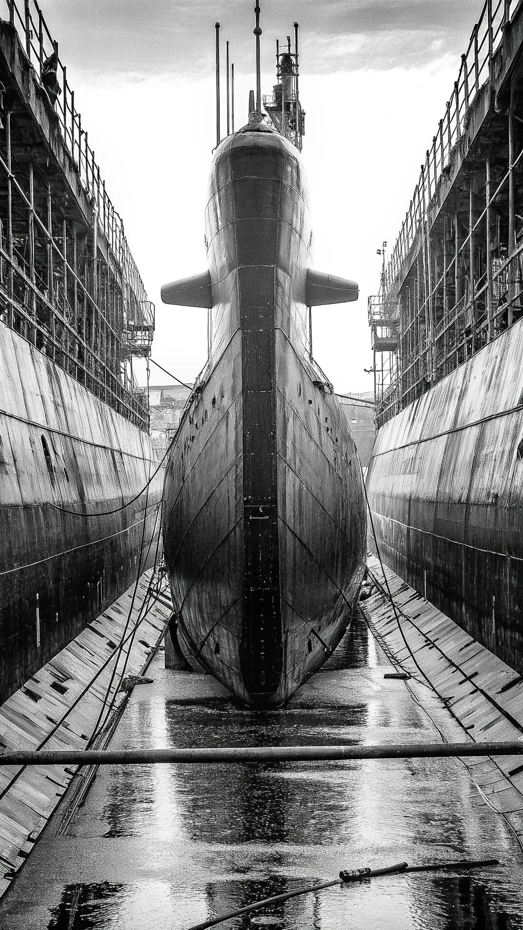 AI generated image by Red Panda AI: Photorealistic, massive, dynamic, wide shot, a large attack class submarine with a wide t-shaped cephalofoil neck at the bow of the submarine, big bay windows, texture map, depth of field, volumetric lighting, intricate detail, Lumen Reflections, ambient occlusion global illumination lens flare, 15% smoke, 35 mm still frame, film grain.