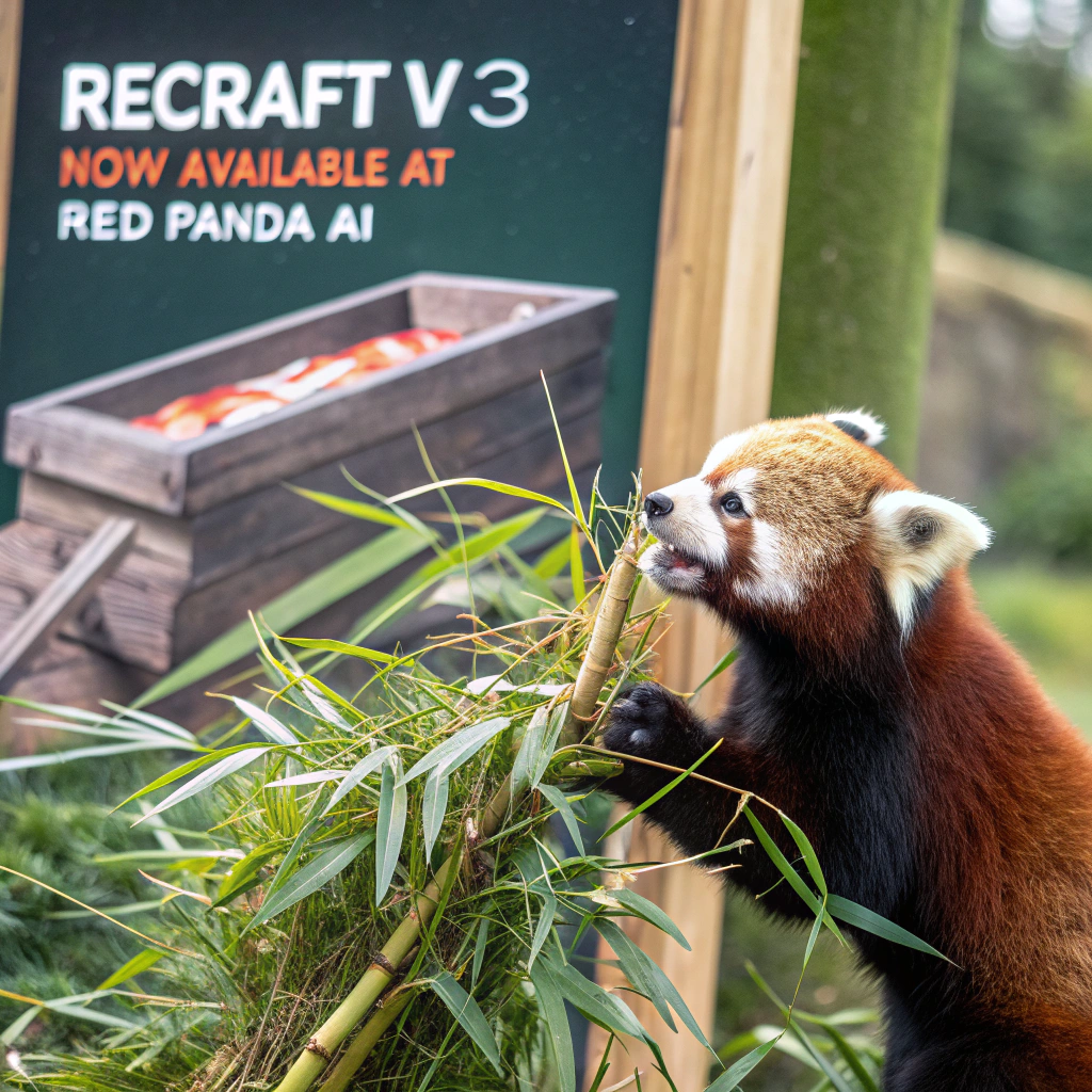 AI generated image by Red Panda AI: a red panda eating a bamboo in front of a poster that says "recraft V3 now available at red panda ai