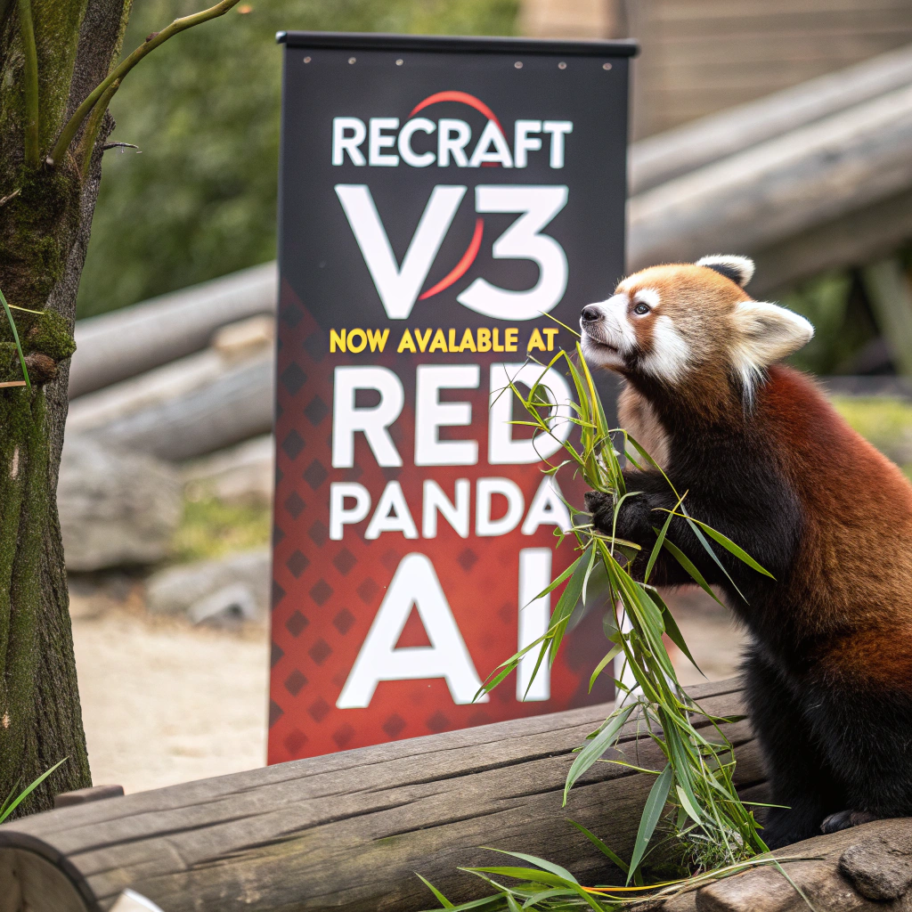 AI generated image by Red Panda AI: a red panda eating a bamboo in front of a poster that says "recraft V3 now available at red panda ai