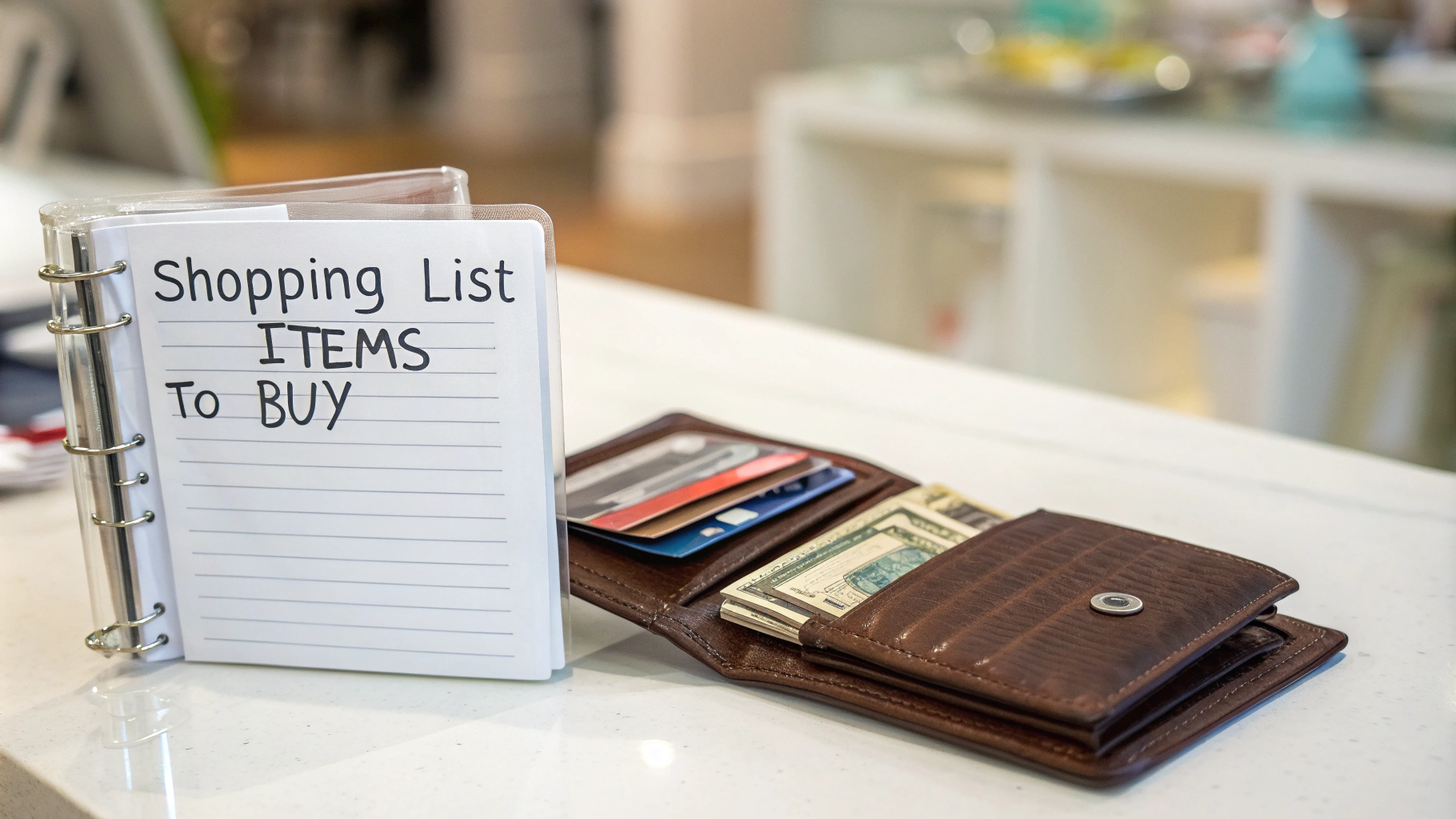 AI generated image by Red Panda AI: A shopping counter scene with a shopping list showing the items to buy, placed on the left side. On the right side, a wallet is open, displaying credit cards and cash with some visible numbers and amounts. The list of items and the wallet are in sharp focus, with no background blur.