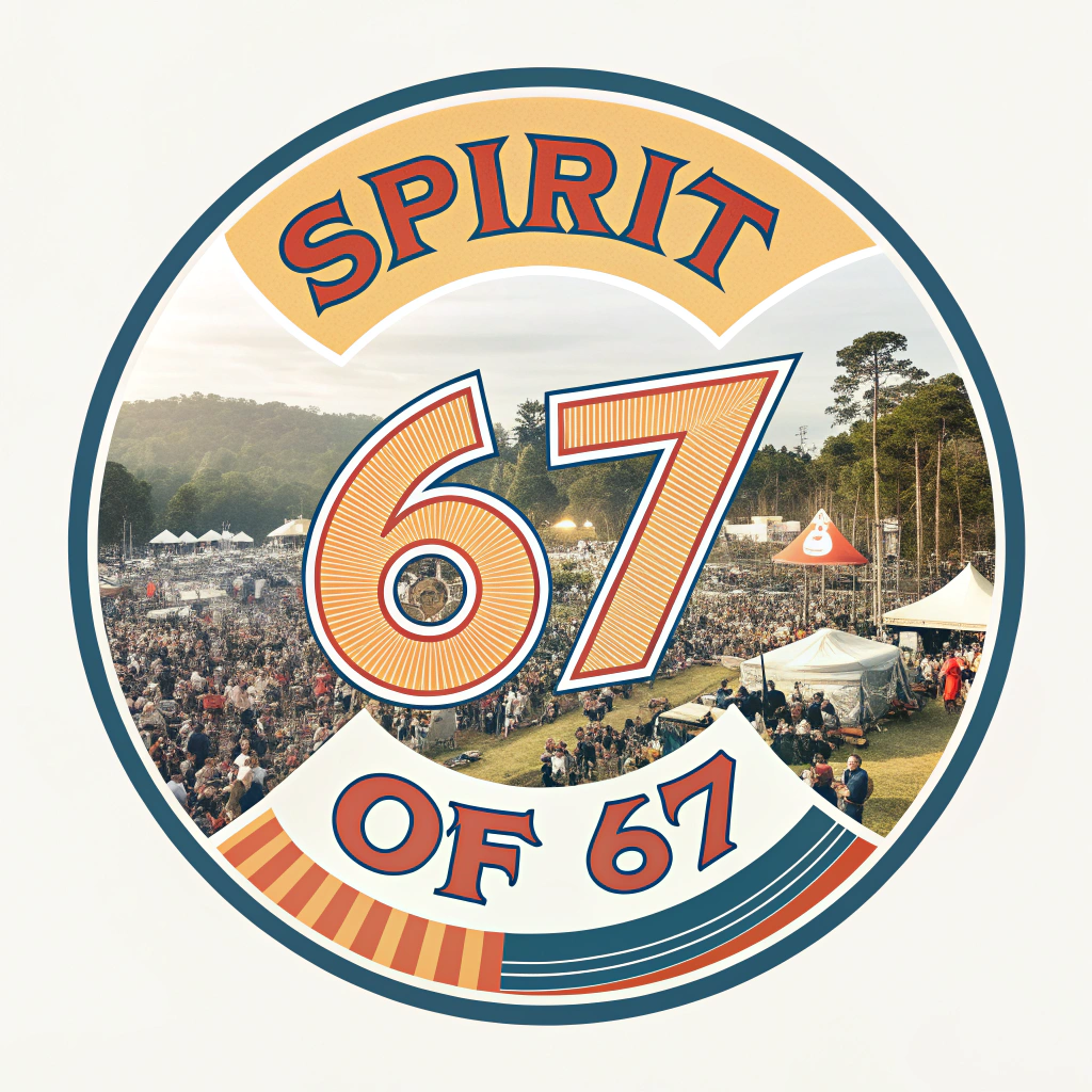 AI generated image by Red Panda AI: Stylized photo from a 1970s music festival that says, "Spirit of '67".  The number 67 must be huge and in many places.  This must be a circular logo on a white background.