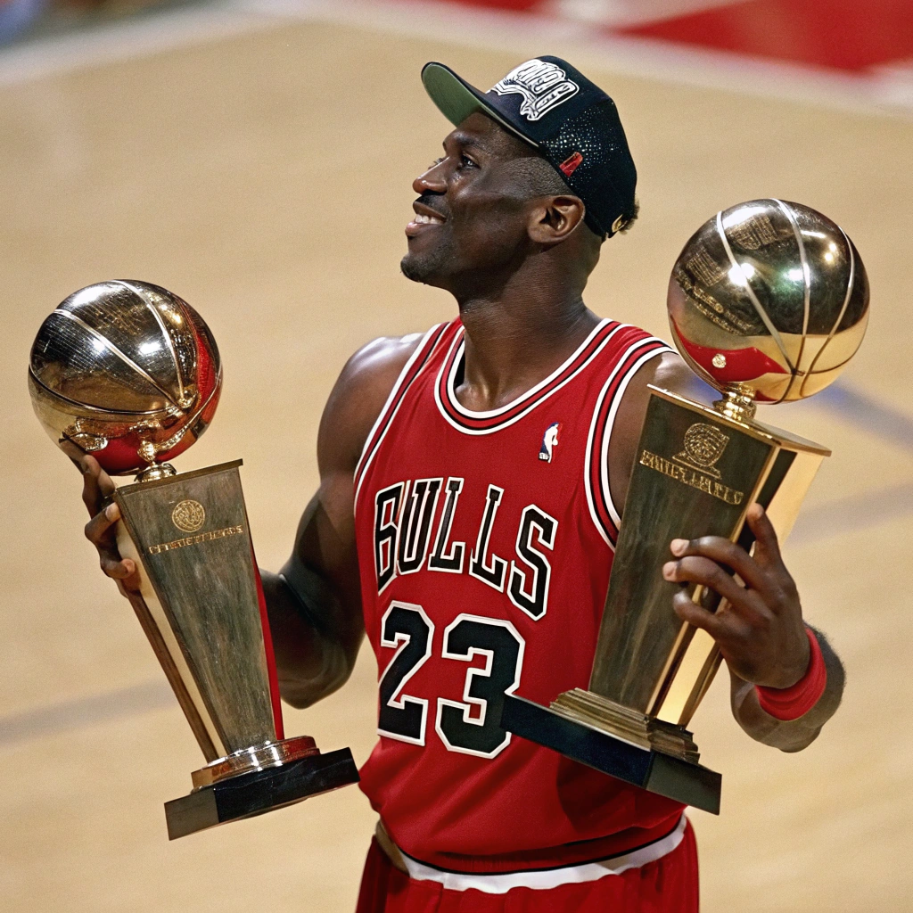 AI generated image by Red Panda AI: crea una imagen de Michael jordan con sus anillos de campeón y un trofeo de la NBA