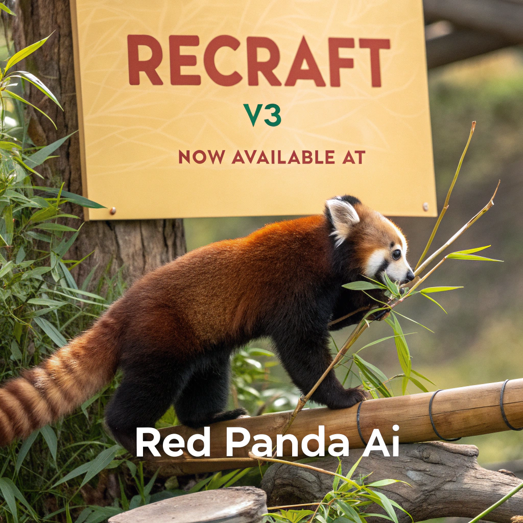 AI generated image by Red Panda AI: a red panda eating a bamboo in front of a poster that says "recraft V3 now available at red panda ai