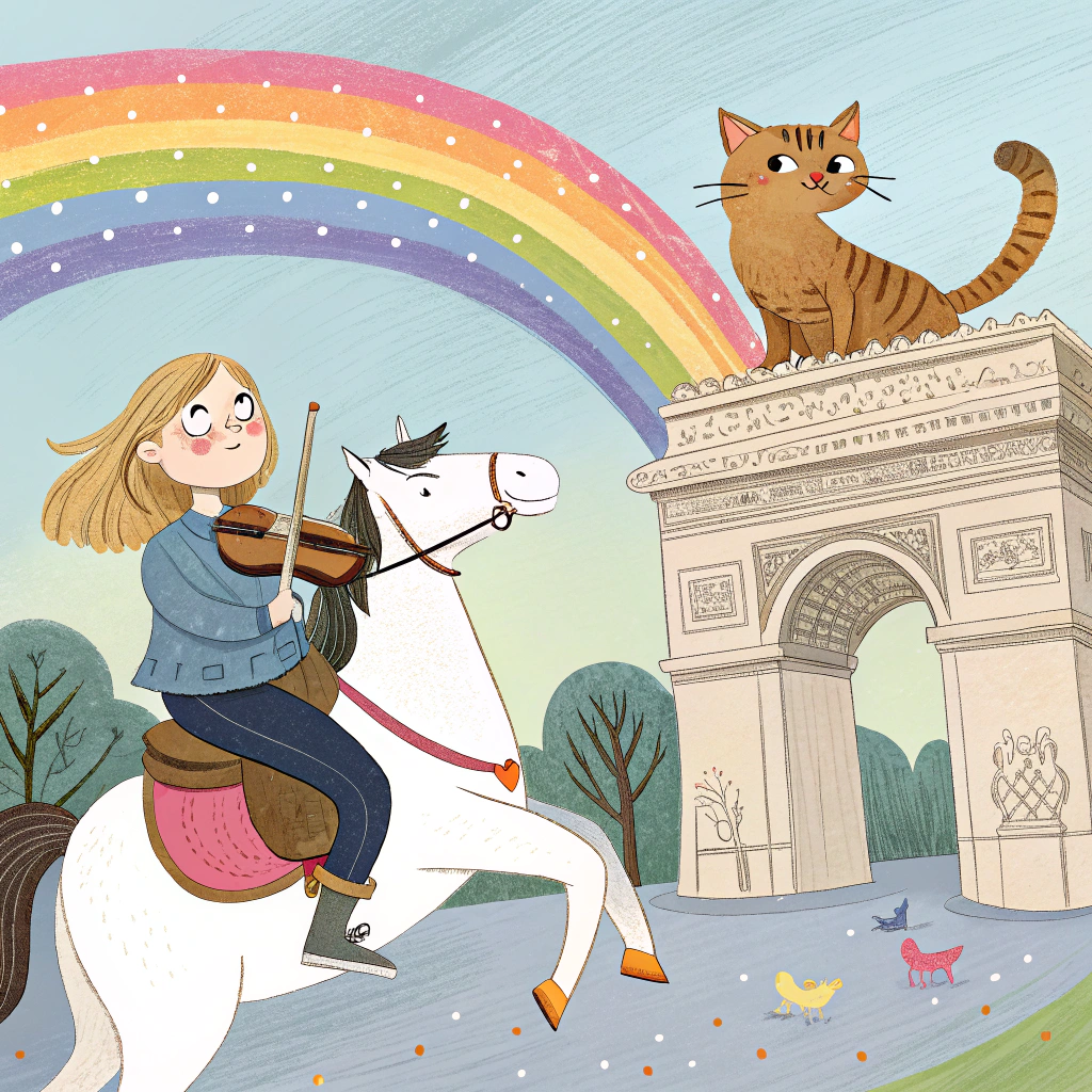 AI generated image by Red Panda AI: fille blonde cheuveux bllonds mi longs qui est sur une lycorne en faisant de la gym avec un violon et qui est accompagné par un gros gros chat tricolore avec dominance de brun, ils sont près de l'arche de la défense, et en style il faut que ça ressemble au dessins dans super nana