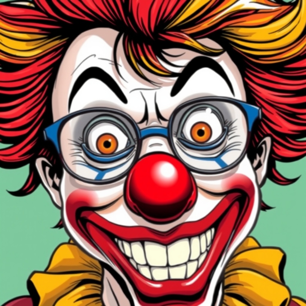 AI generated image by FLUX.1-schnell: Create a close-up comic-style clown face inspired by Robert Habeck. The face should feature exaggerated, colorful makeup, with a red nose, wide clown smile, and big, expressive eyes. The clown’s hair should be messy and in a playful, vibrant style. Incorporate elements of Habeck's facial features, such as his glasses and general facial structure, but keep the image whimsical and exaggerated in the comic aesthetic. The overall mood should be lighthearted and colorful, with bold lines and vibrant colors typical of a comic illustration