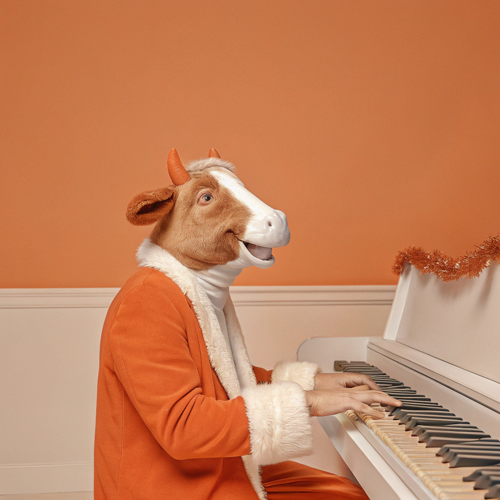 AI generated image by Red Panda AI: A cow-like person playing piano in Christmas suit