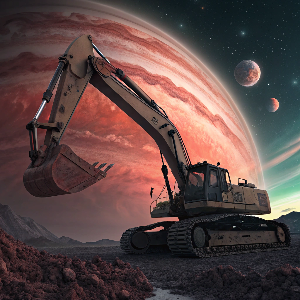 AI generated image by Red Panda AI: Make a picture of a giant excavator scooping out Jupiter’s red spot