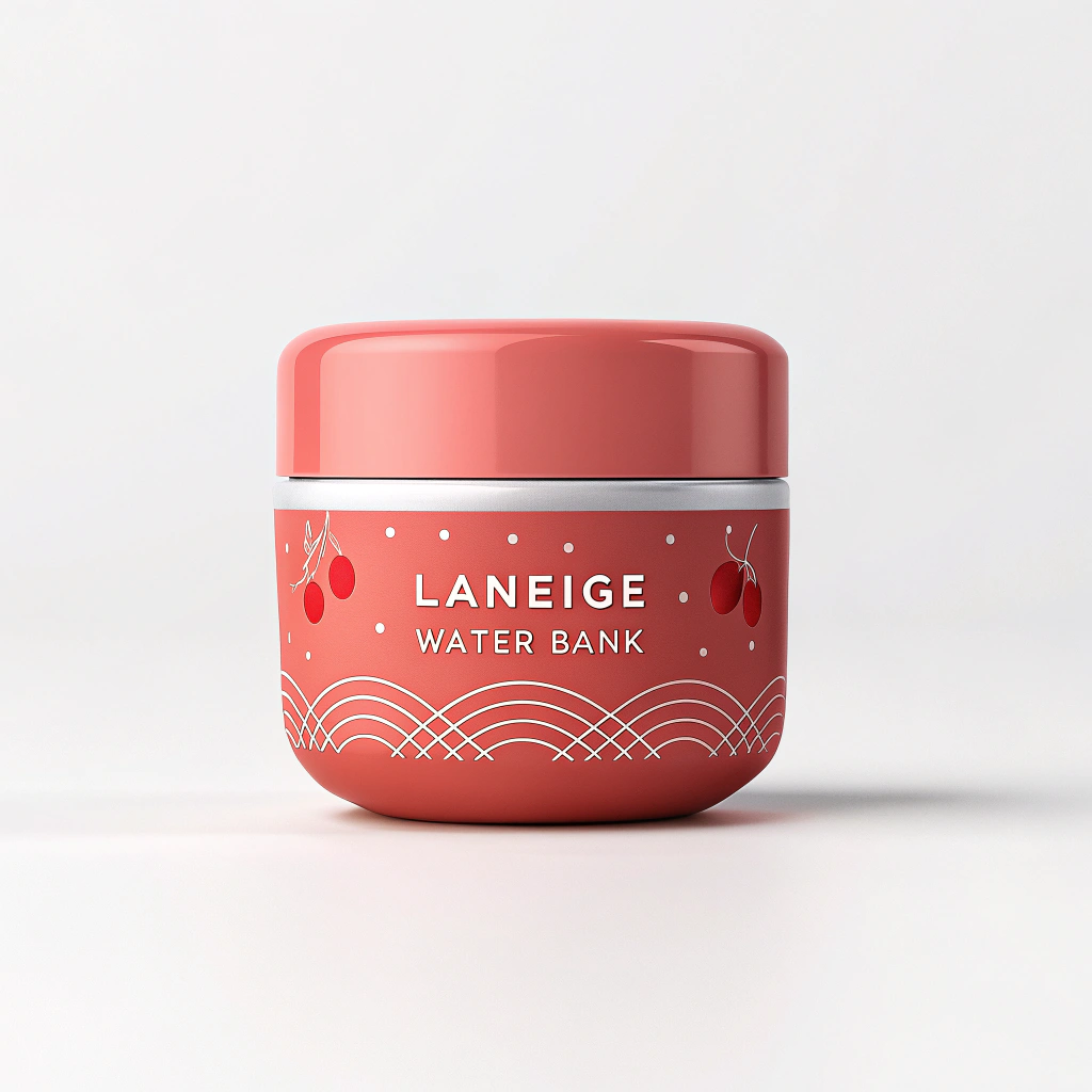 AI generated image by Red Panda AI: 3D render of a cosmetic packaging design referencing the rounded square shape of Laneige Water Bank, but in a bold red color scheme. The jar features smooth, curved edges and a gently domed lid. Add a subtle, youthful pattern on the surface and clean white typography on the front for brand and product details. Emphasize a fresh, hydrating concept with soft lighting and a clean background to highlight the sleek, modern look.
