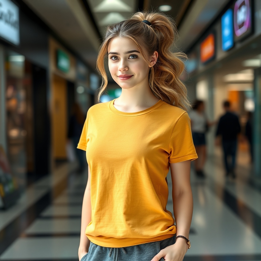 AI generated image by FLUX.1-schnell: Gorgeous 24 years old girl,at mall,Her light brownish-blond hair was arranged in a bouncy ponytail that advanced the pretty features of her gentle face. Her trim figure was clad in a basic gold colored T-shirt that displayed her ample bust and narrow waist along with dark gray sweats that highlighted her delicate round tush and lean thighs